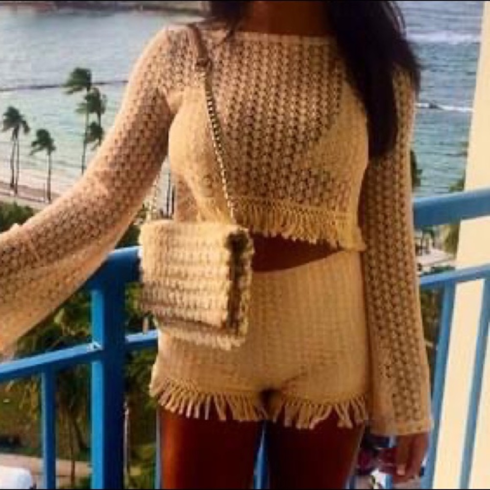 Nude Crochet Crop Top + Shorts Set